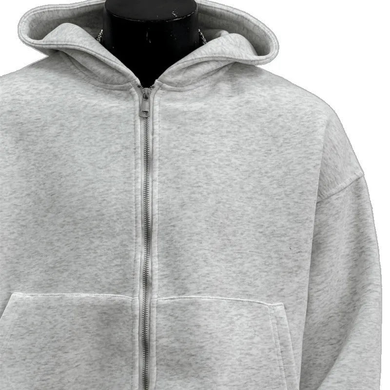 Men's light grey hooded sweatshirt jacket featuring a distinctive schoolbag design on the back.