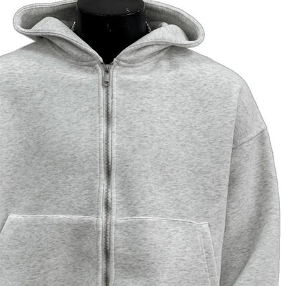 Men's light grey hooded sweatshirt jacket featuring a distinctive schoolbag design on the back.