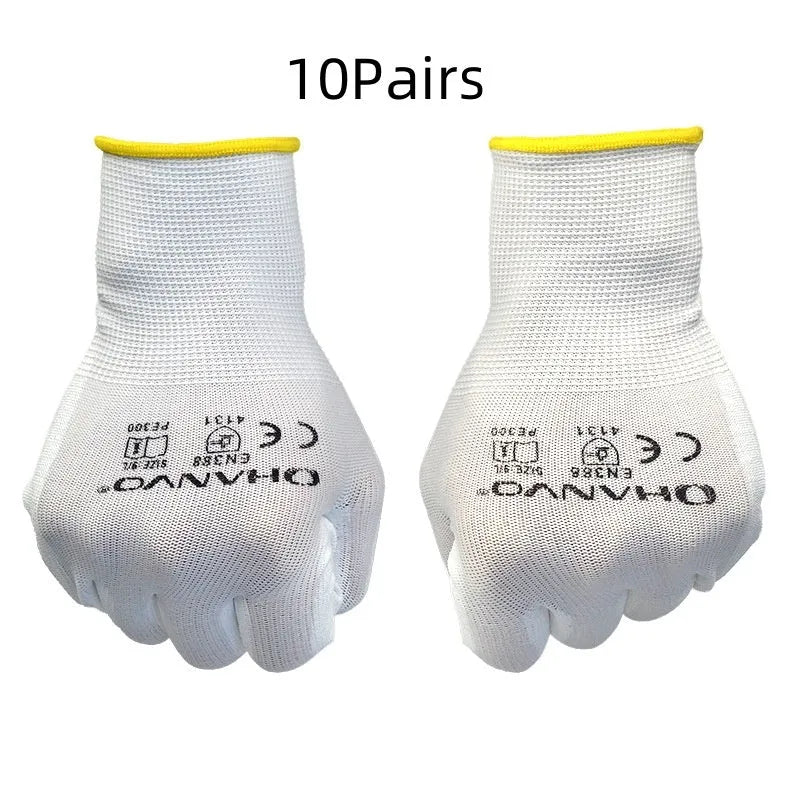 Pack of 10 pairs of white PU coated work gloves with knit backs, showing palm coating detail.