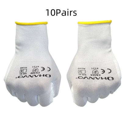 Pack of 10 pairs of white PU coated work gloves with knit backs, showing palm coating detail.