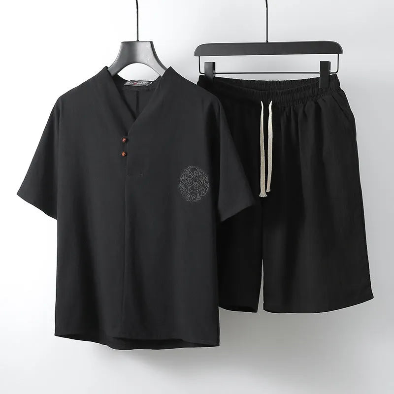 Loose linen-style men's two-piece set with short sleeve top and shorts in cotton fabric