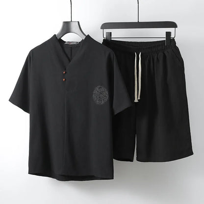 Loose linen-style men's two-piece set with short sleeve top and shorts in cotton fabric