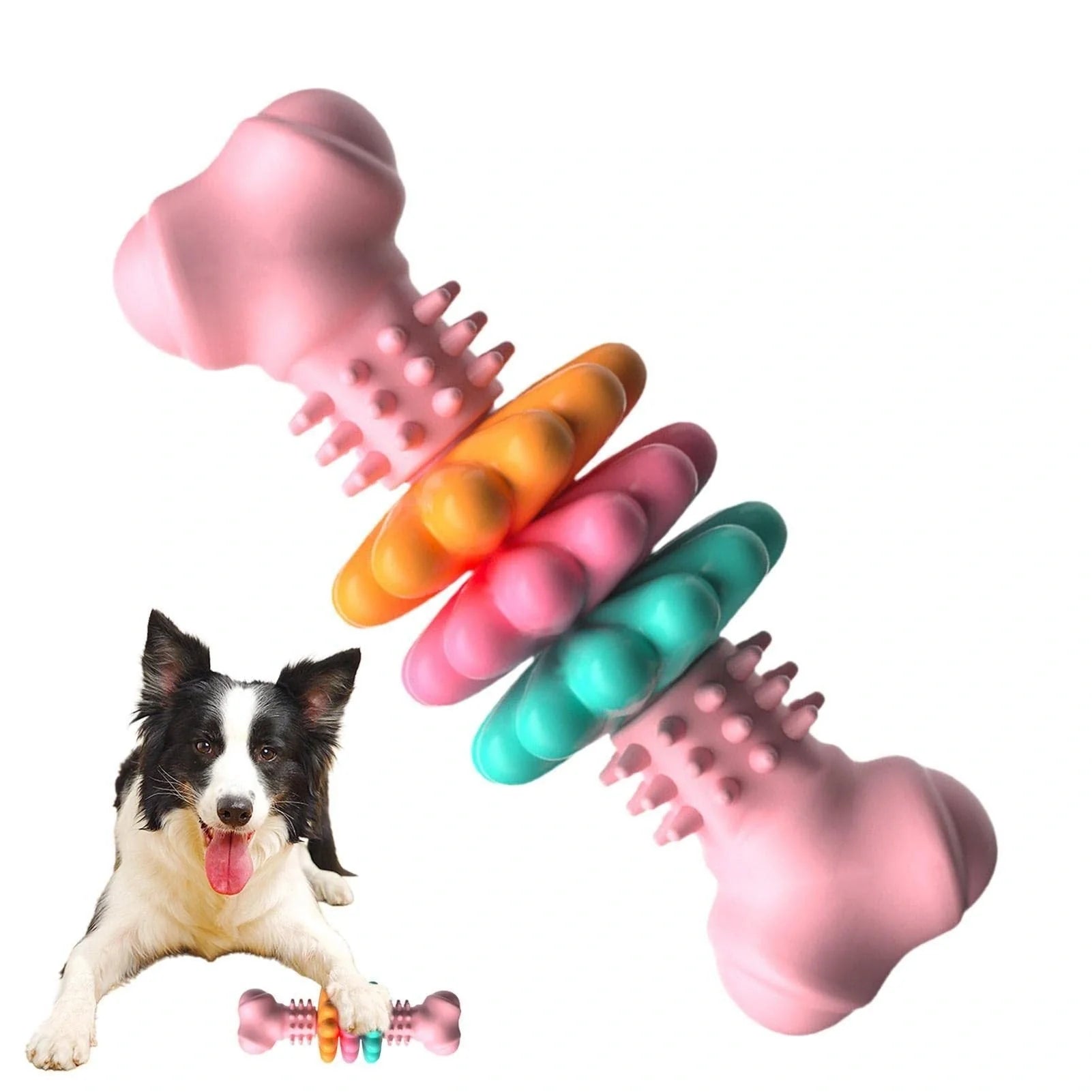 TPR Dog Chew Bone in blue, pink, and green for teeth cleaning and stress relief