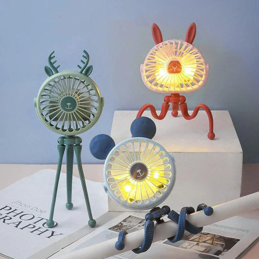 Portable desk fan with cute animal-inspired design, adjustable 360-degree rotation, and 3 wind speed settings for customized cooling