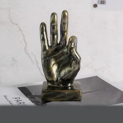 Resin gesture ornament in bronze finish showing hand making OK sign, 10cm tall desktop decoration