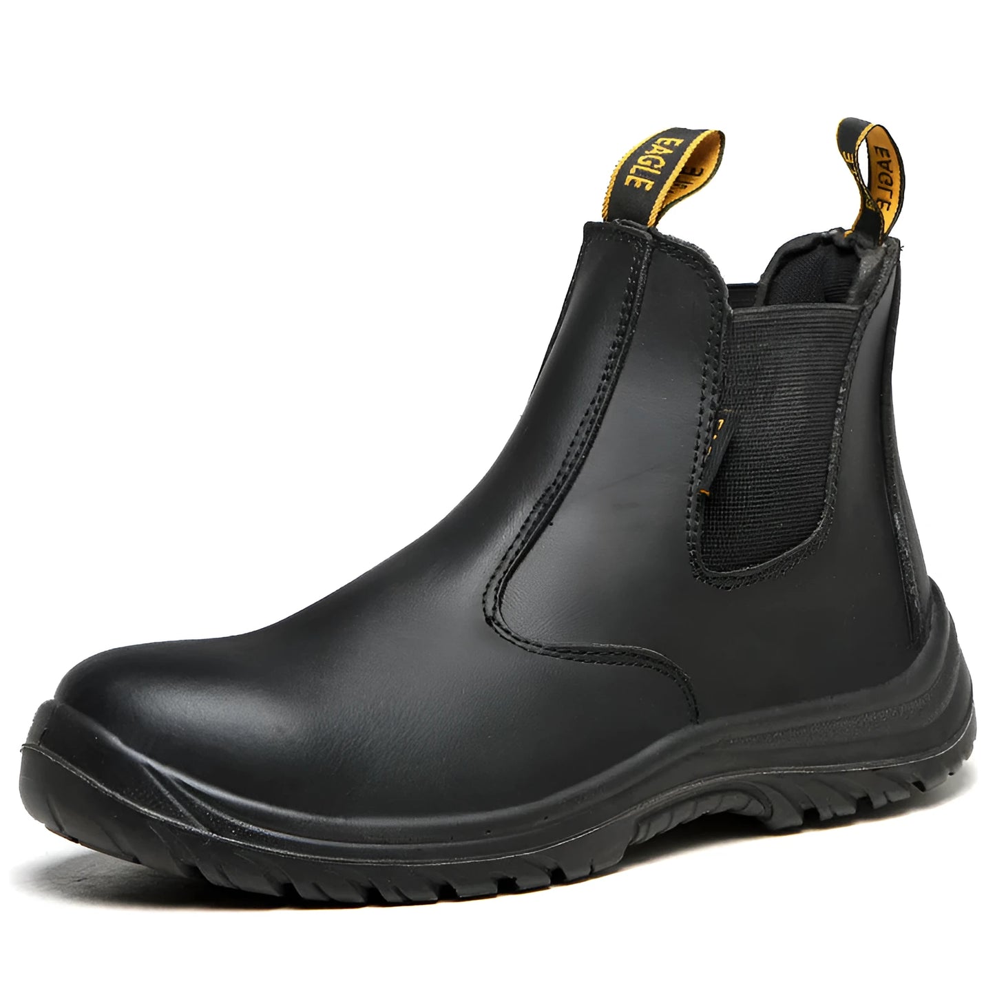 Black leather anti-piercing safety boots with high-top design for workplace protection