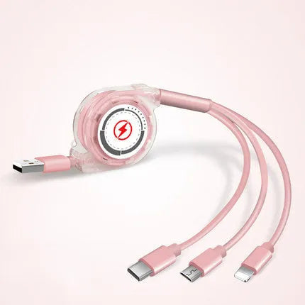 Black telescopic 3-in-1 charging cable with titanium alloy connectors extended on a white background.