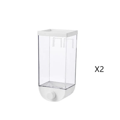 White wall-mountable kitchen food storage box with press lid dispenser, showing transparent body with cereal inside.