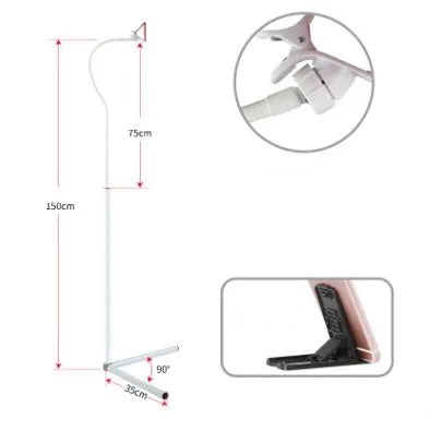 Mobile phone bed bracket with overhead shelf for bedside TV viewing in black and white colour options