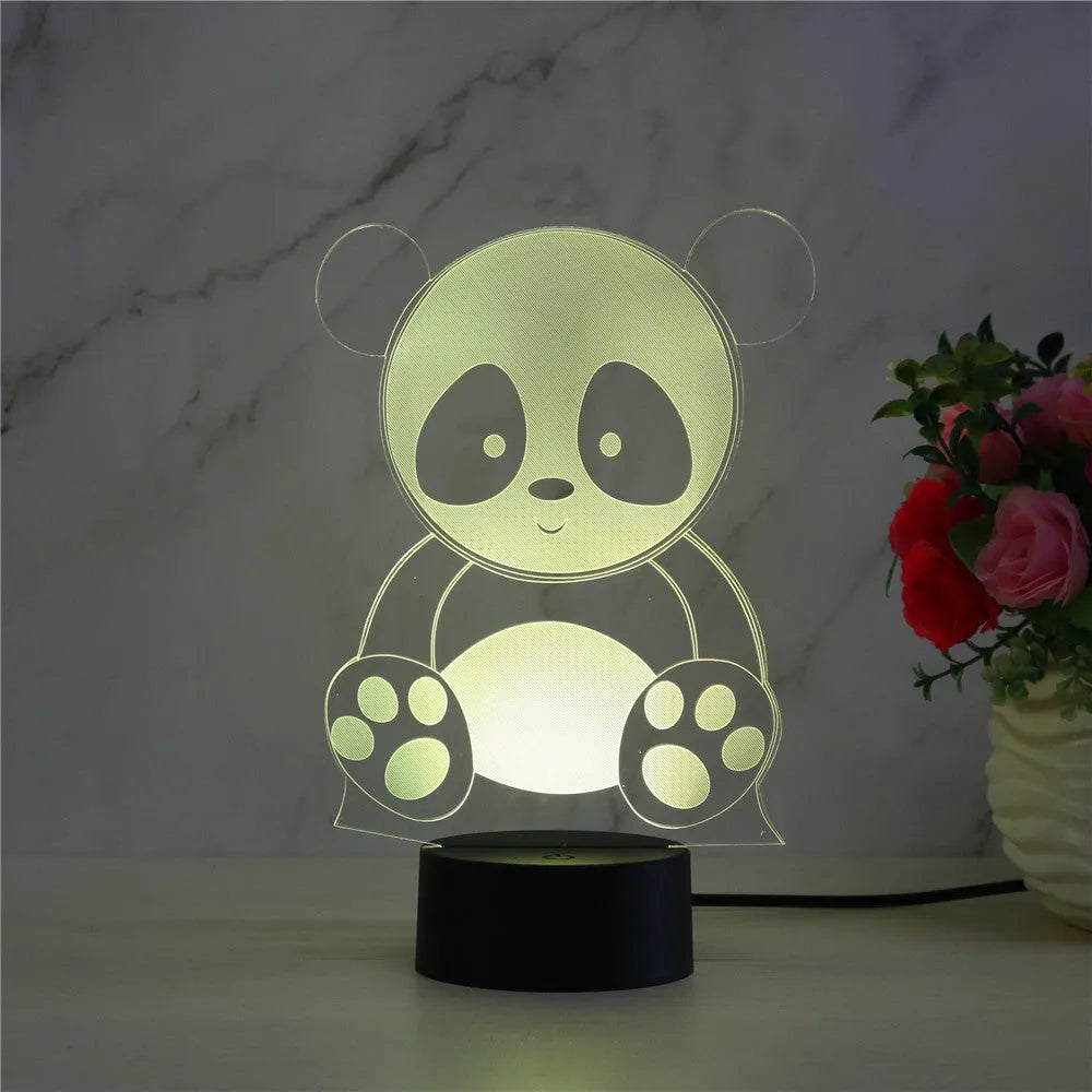 Panda night light with remote control showing seven colour options including red, green, blue, yellow, purple, and white LEDs