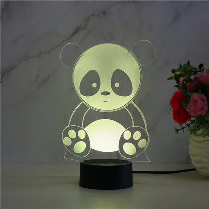 Panda night light with remote control showing seven colour options including red, green, blue, yellow, purple, and white LEDs