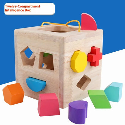 Wooden geometric shape matching building blocks for infants with multiple hole configurations