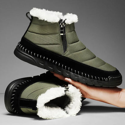 Men's plus size snow boot in black with round toe, flat heel, and rubber sole.