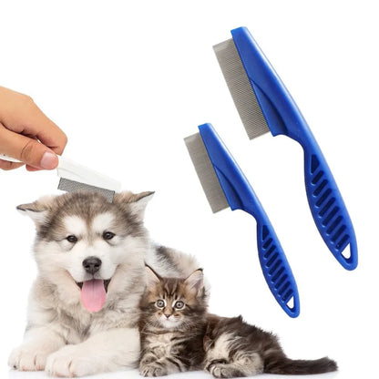 Multifunctional pet comb with fine-tooth stainless steel head, non-slip handle, washable body, in Blue, Rose Red, or White.