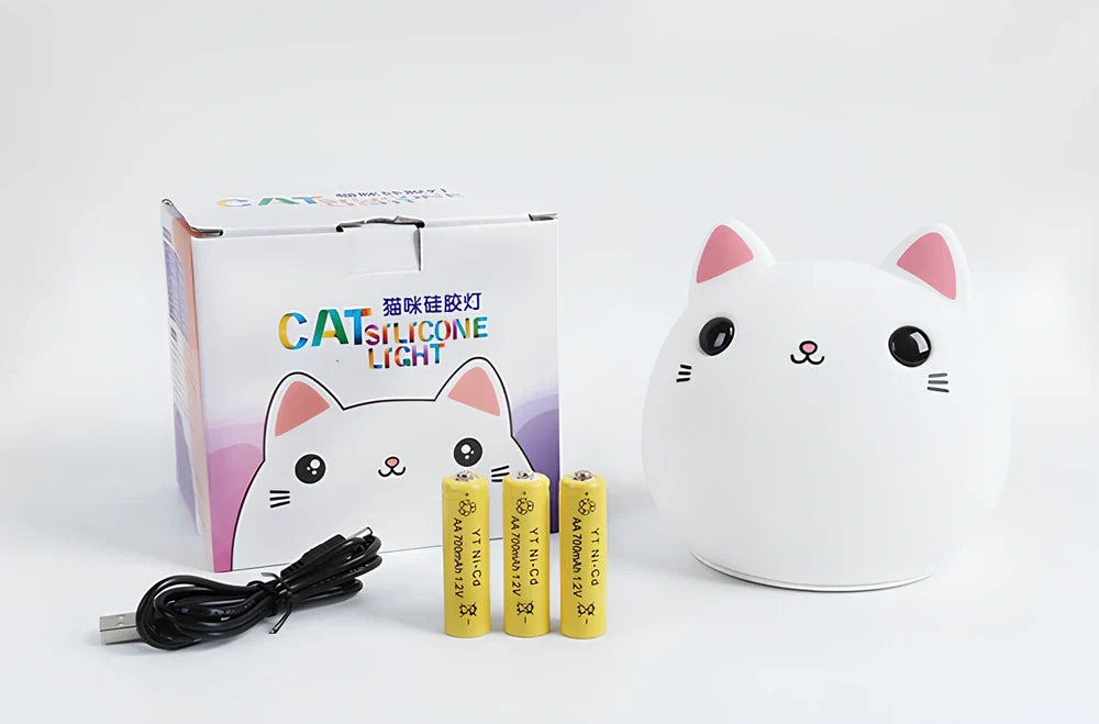 White silicone cat LED lamp with warm glow, measuring 12.5cm tall with USB charging port