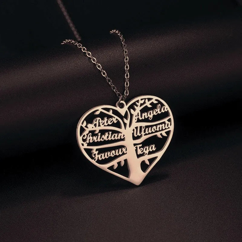 Personalised heart tree necklace with custom name engraving in titanium steel