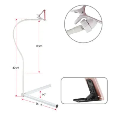 Mobile phone bed bracket with overhead shelf for bedside TV viewing in black and white colour options