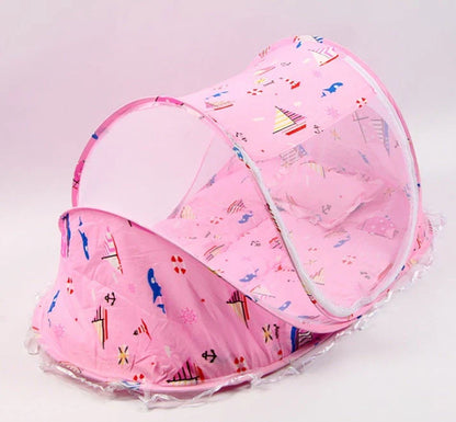 Breathable insect-free foldable baby travel cot with integrated mattress and pillow, available in blue, pink and blue-and-pink colour options