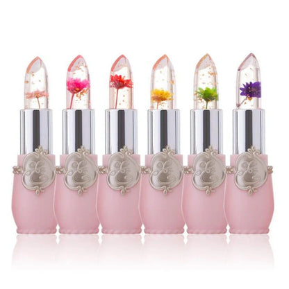 Six Flower Crystal Jelly Magic Lipgloss tubes in Green, Pink, Purple, Red, Rose, and Yellow colours showing high-shine finish
