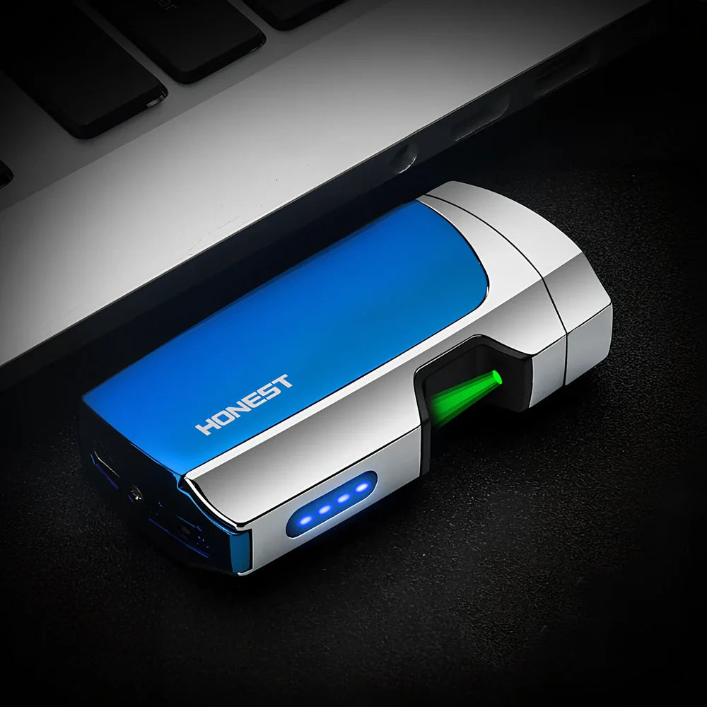 Metal windproof multi-function cigarette lighter showing five colour options and compact 74.6×35.6×17mm dimensions