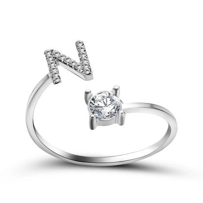 Personalized Initial Letter Crystal Ring with Adjustable Design in Gold, Silver, and Rose Gold Colors