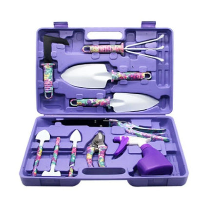 Purple-handled 10-piece rust-proof gardening tool set with anti-rust coating