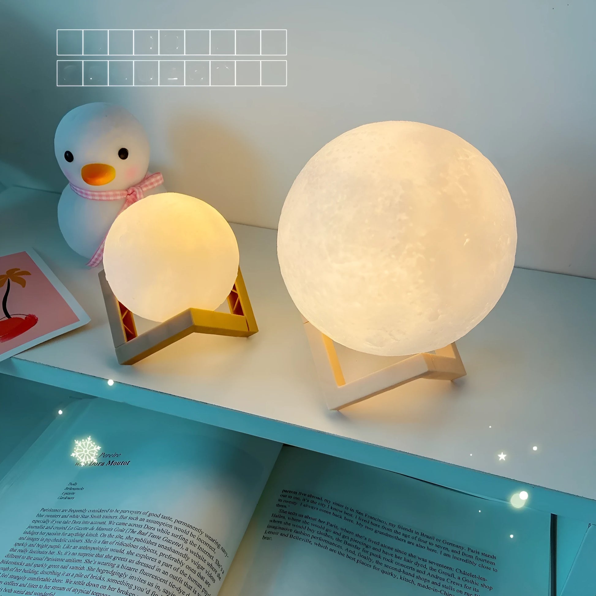 3D printed PVC moon lamp LED night light with warm white glow on stand