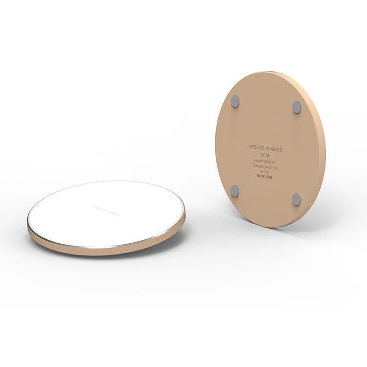 Ultra-thin square aluminium wireless charging pad in black, red, white, or yellow.