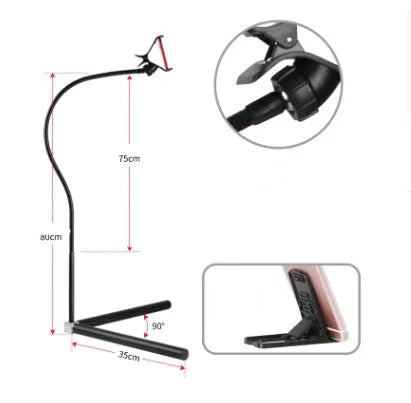 Mobile phone bed bracket with overhead shelf for bedside TV viewing in black and white colour options