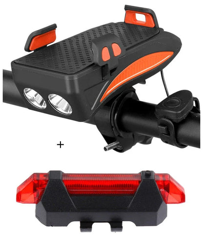 Multifunctional bike mount with horn, lights, and adjustable phone holder for secure storage and charging on the go