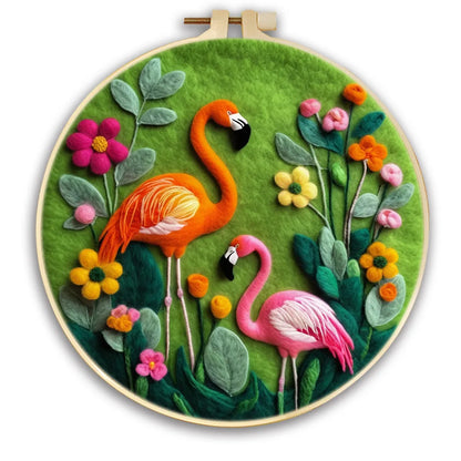 Round three-dimensional embroidery kit with linen fabric, wool felt pieces, and embroidery frame for 20x20 cm blanket painting