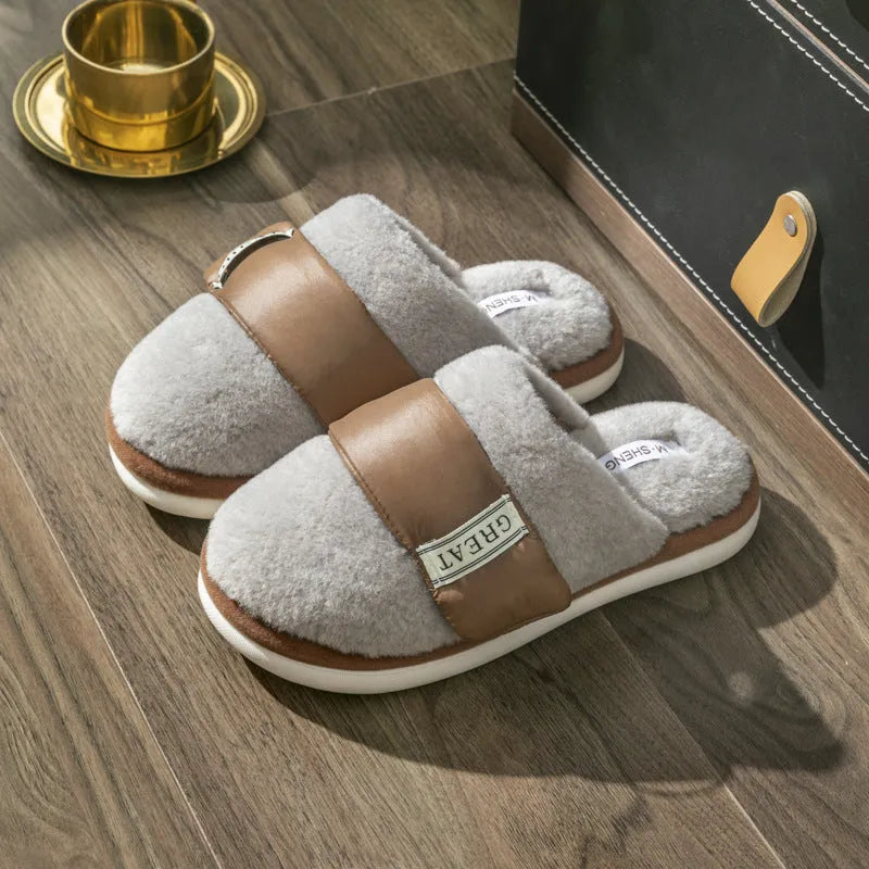 Beige Velcro-fastening plush indoor slippers with round toe and non-slip plastic sole.