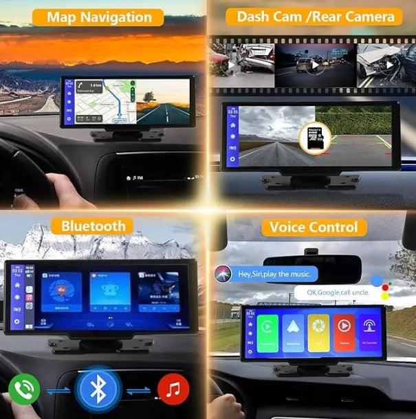 Black portable wireless CarPlay screen with 9.3-inch Ultra HD display, 2.5K front camera, and 1080P rear camera