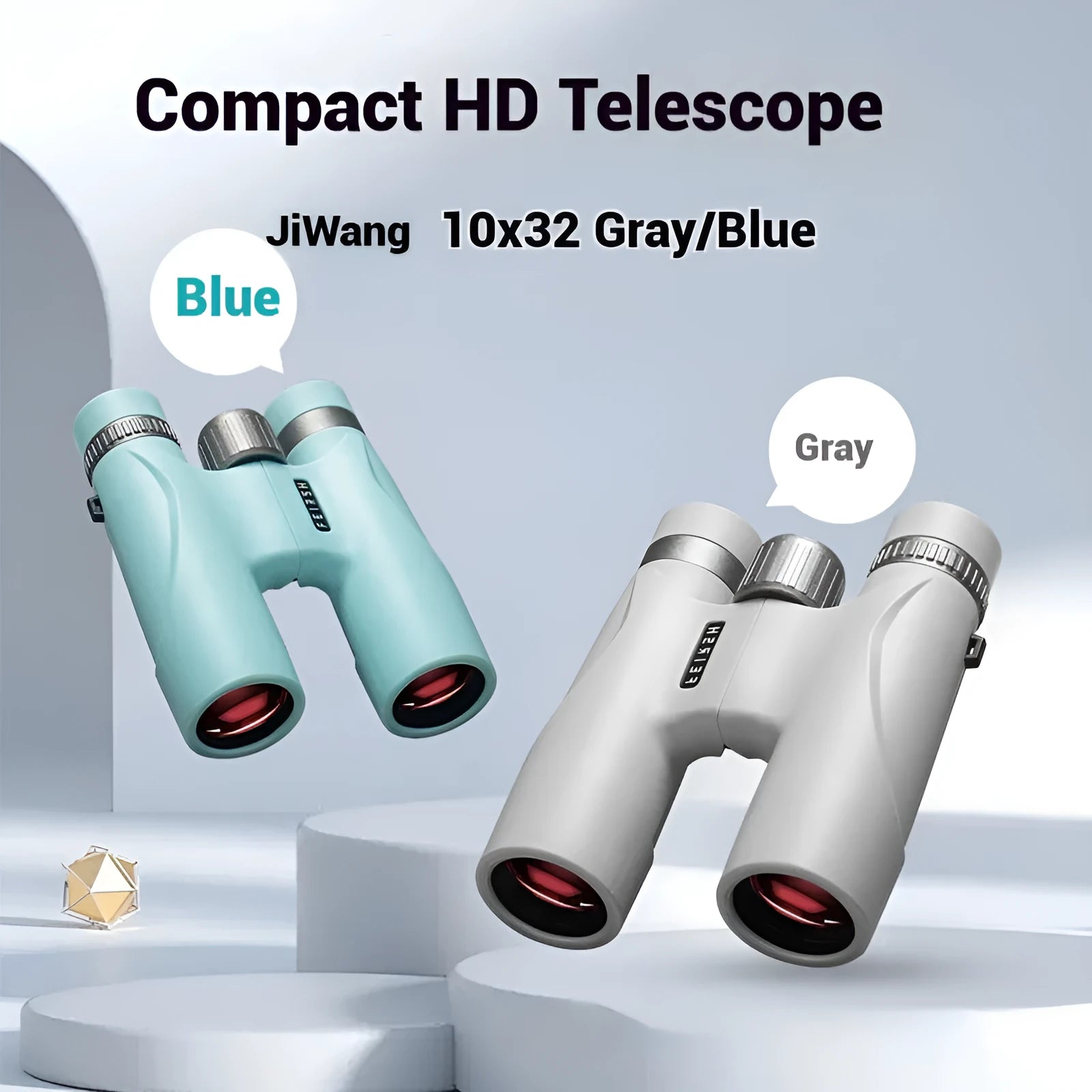 Wine red film coated 10x32 binoculars with grey body shown from the front, displaying objective lenses.