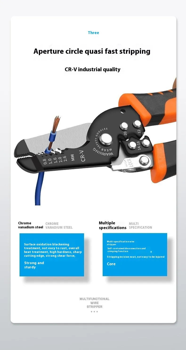 Fully automatic wire stripping pliers with high carbon steel blades and 45 # steel construction, 0.361kg weight