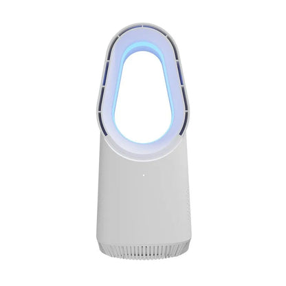 White bladeless tower floor fan with remote control and touch buttons on a desk.