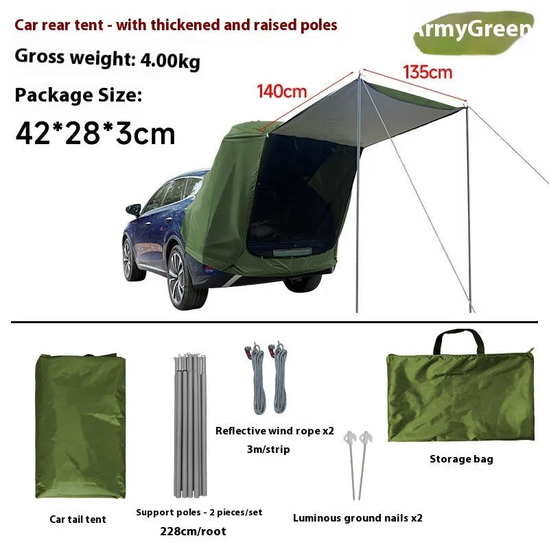 Outdoor camping rear tent roof extension with jackstay and reflective wind rope, packed size 42 x 28 x 3 cm