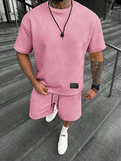 Men's short sleeve shorts suit in polyester blend fabric with printed pattern, sports leisure style