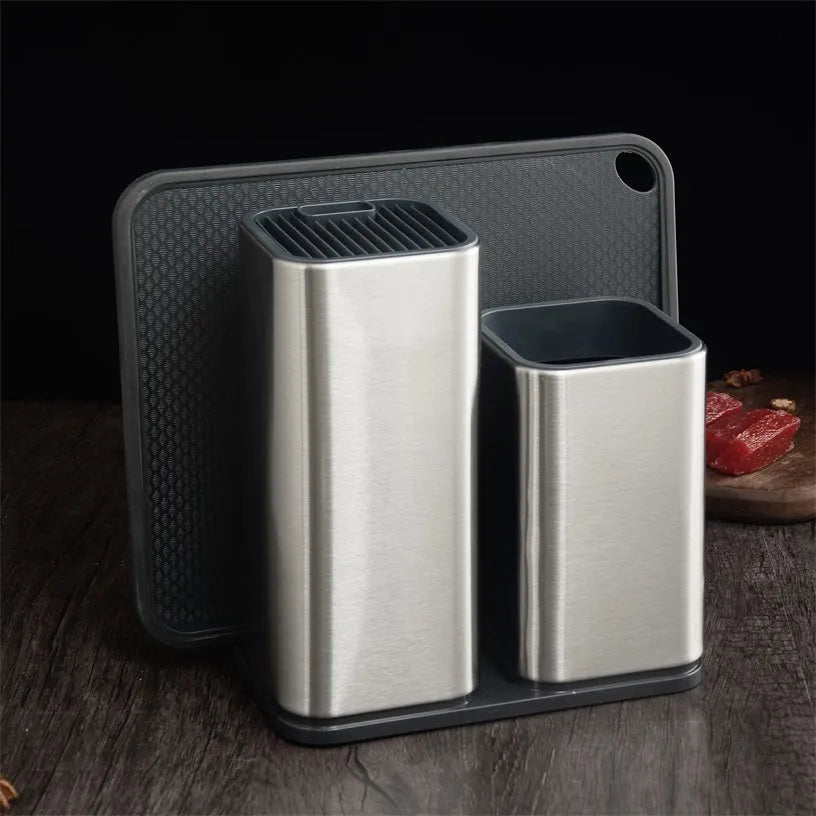 Black and white PP kitchen knife holder with detachable draining base and storage bucket