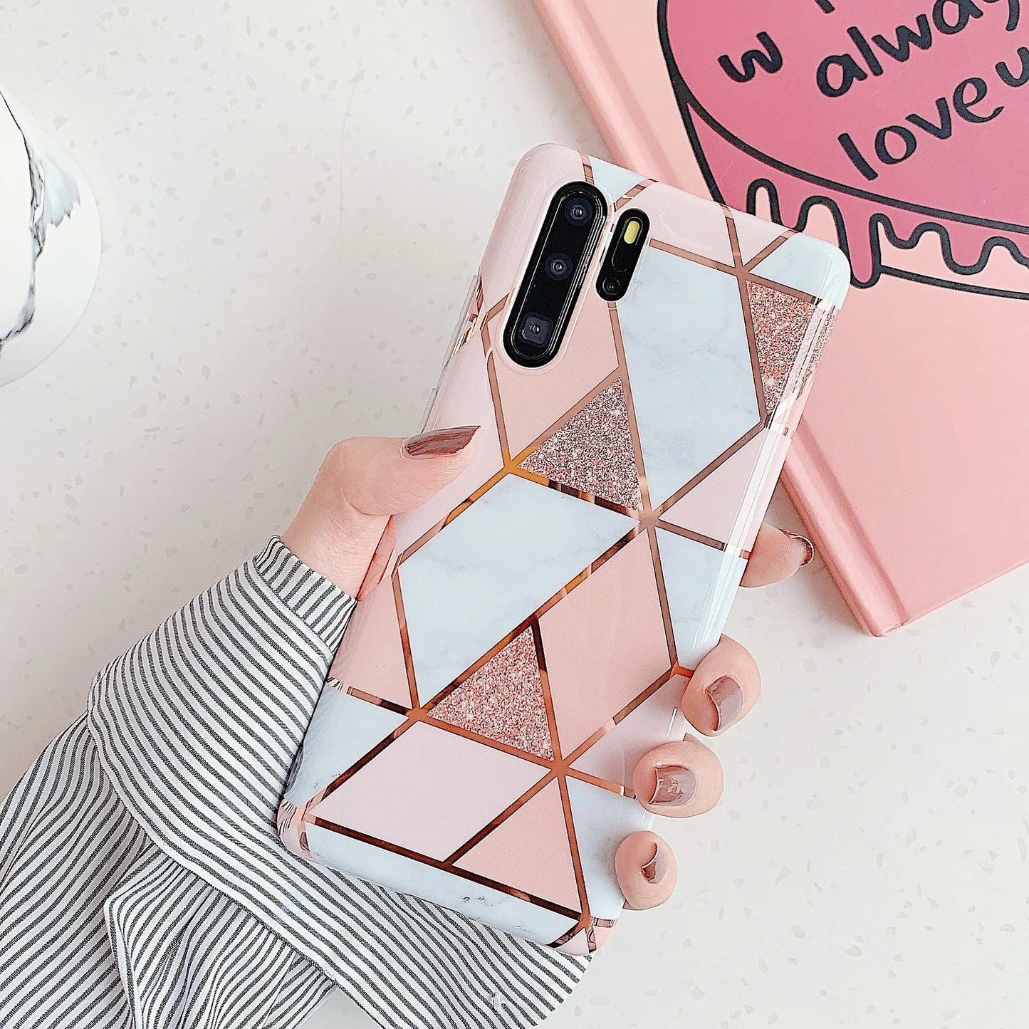 Electroplated marble mobile phone case for Huawei and Samsung smartphones with TPU construction and scratch-resistant finish