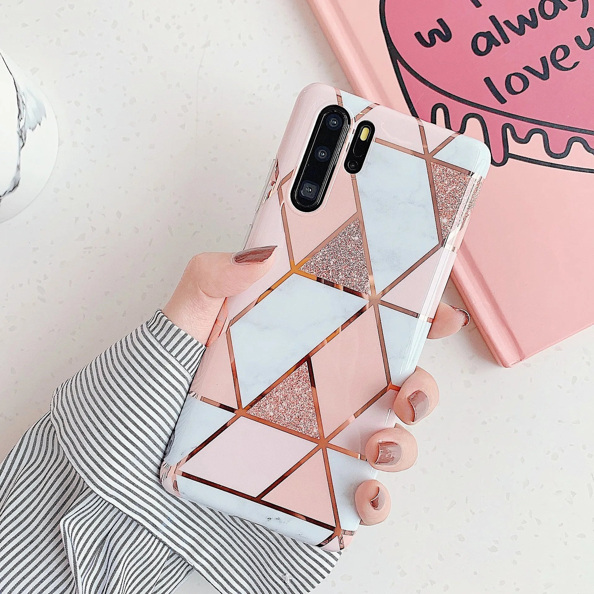 Electroplated marble mobile phone case for Huawei and Samsung smartphones with TPU construction and scratch-resistant finish