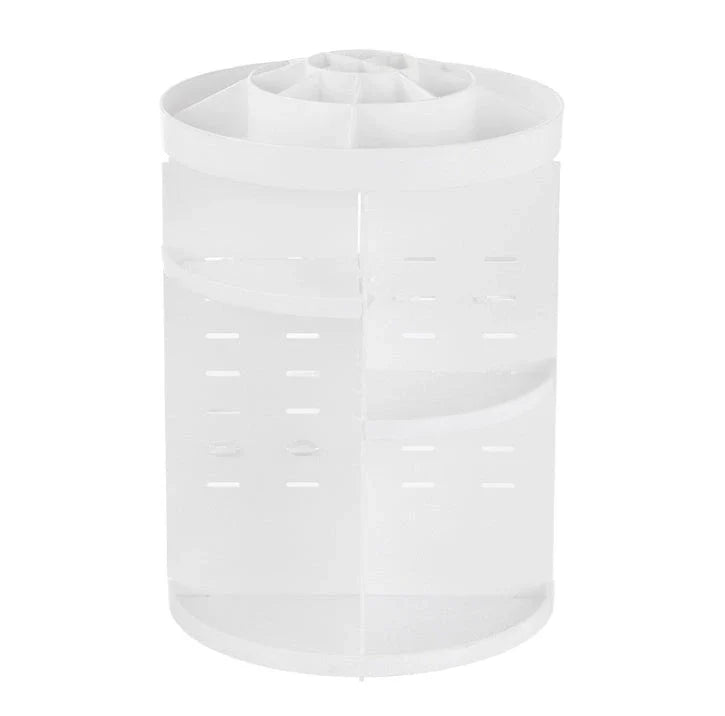 Rotating makeup organizer with detachable drawers in various finishes, including white, black, and transparent options