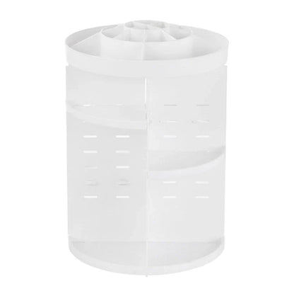 Rotating makeup organizer with detachable drawers in various finishes, including white, black, and transparent options
