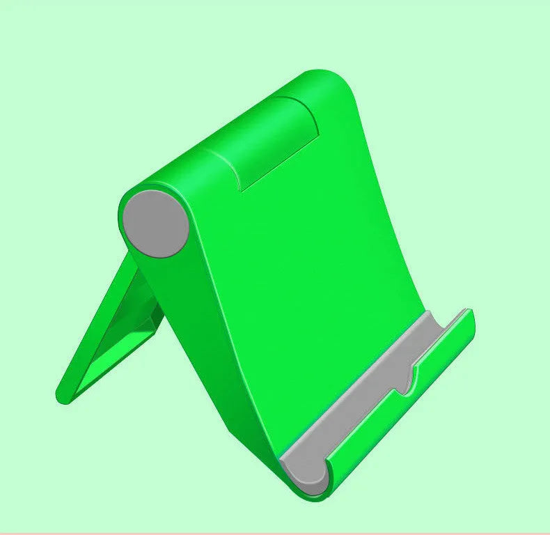 Black PE folding mobile phone stand holding a smartphone at an angle on a desktop.