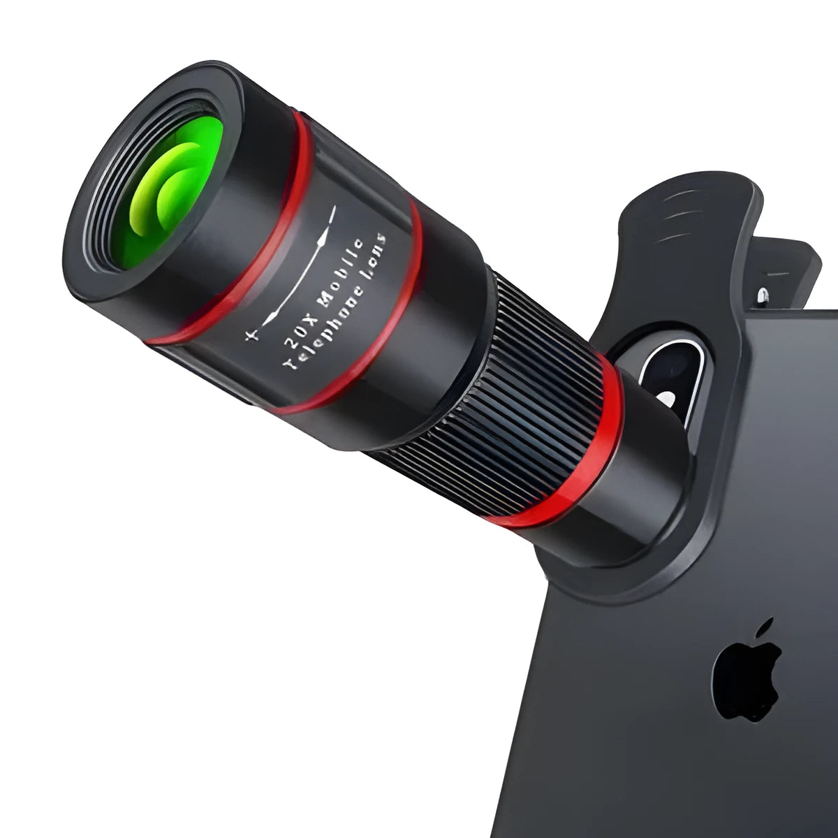 20x magnification smartphone telescope lens with universal mounting clip and eye mask on a white background.