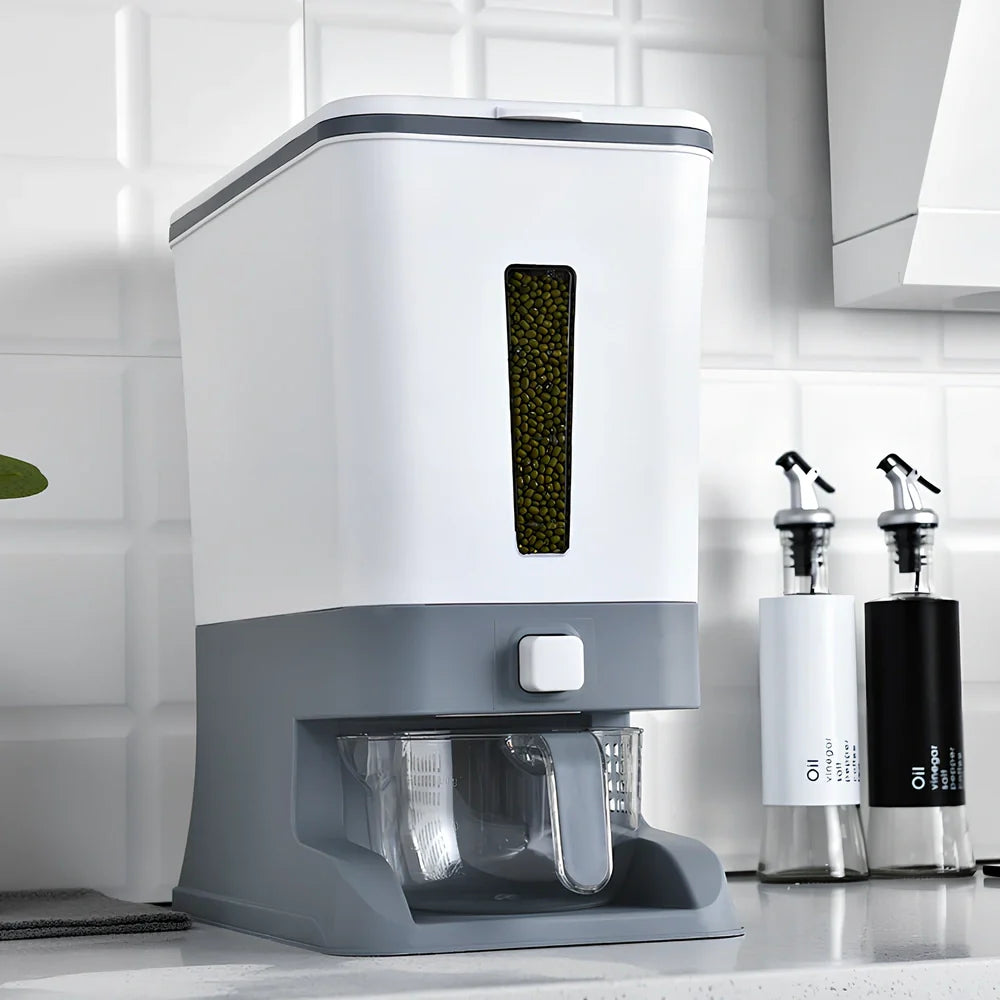 Automatic kitchen rice bucket with push-button portion control and transparent viewing window