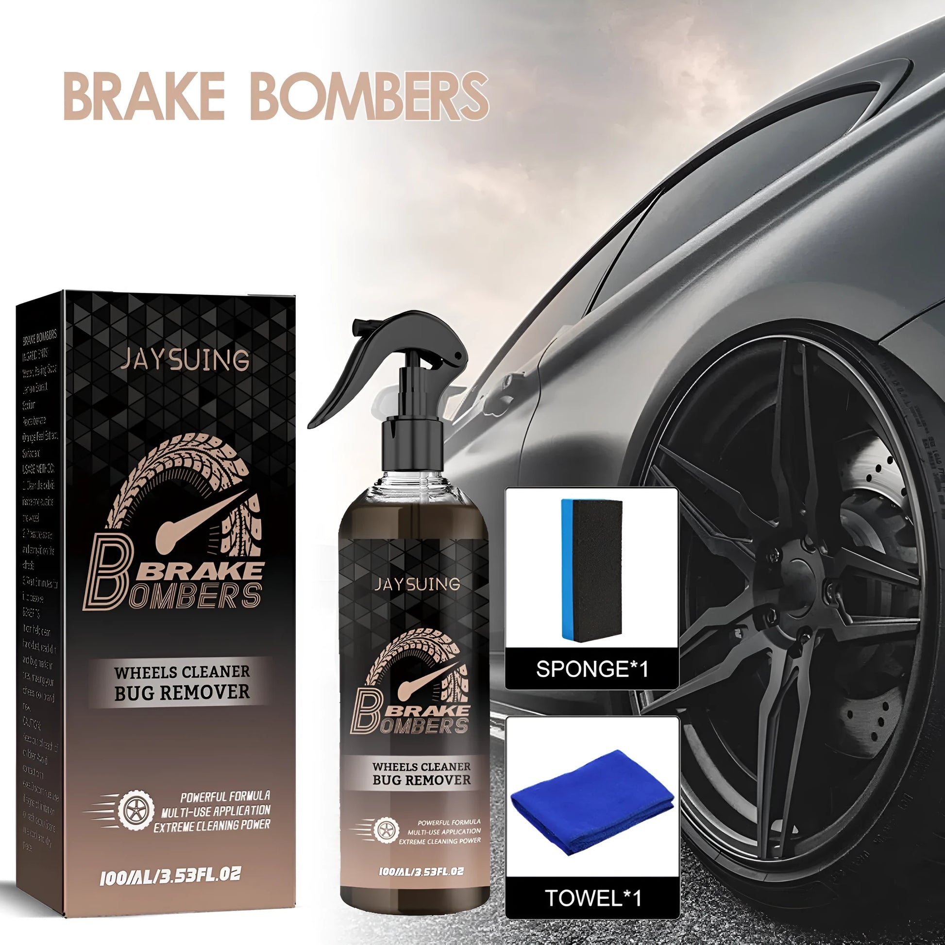 Brake disc cleaning kit with 100ml bottle, sponge and microfibre cloth for automotive maintenance