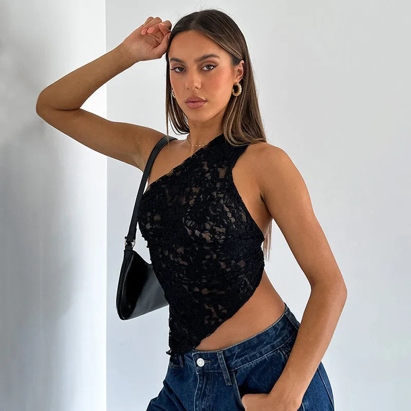 Women's backless lace vest top with asymmetrical neckline in solid colour.