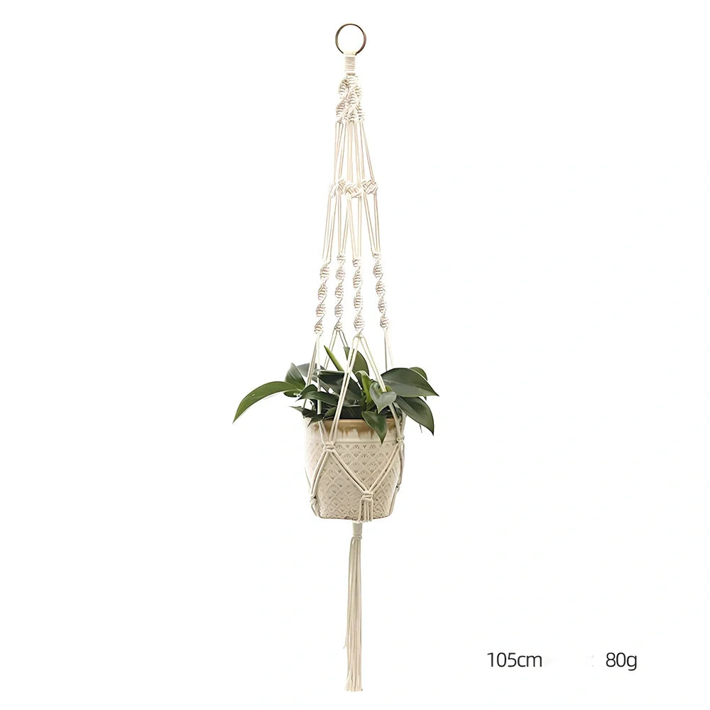 Hand-knitted cotton flowerpot net bag showing intricate pattern and hanging installation with plant
