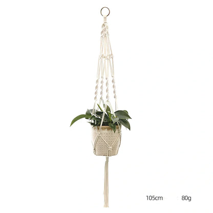 Hand-knitted cotton flowerpot net bag showing intricate pattern and hanging installation with plant